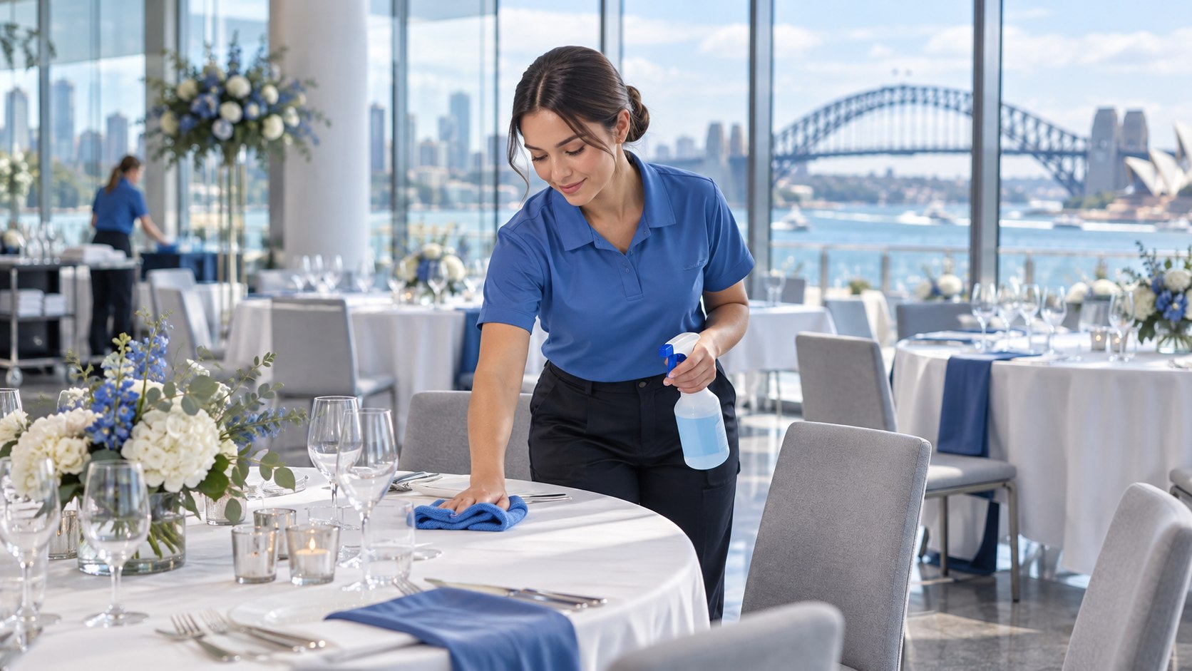 Cleaner refreshing a bright event venue